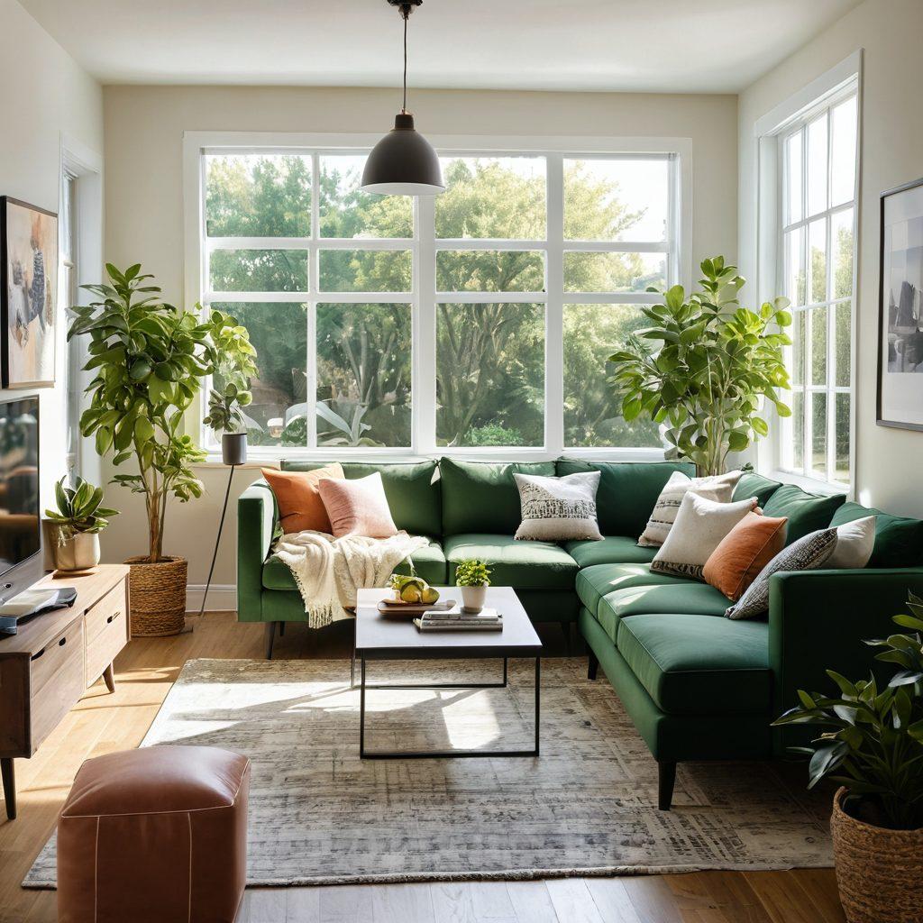 A cozy, modern living room showcasing affordable decor options, including smart storage solutions and multi-functional furniture. Bright sunlight streams through large windows, illuminating green plants and a cheerful, open layout. Include images of a budget-friendly kitchen with stylish appliances and a warm, inviting atmosphere. Create a sense of community with people interacting and enjoying the space together. 3D, vibrant colors, light and airy style.
