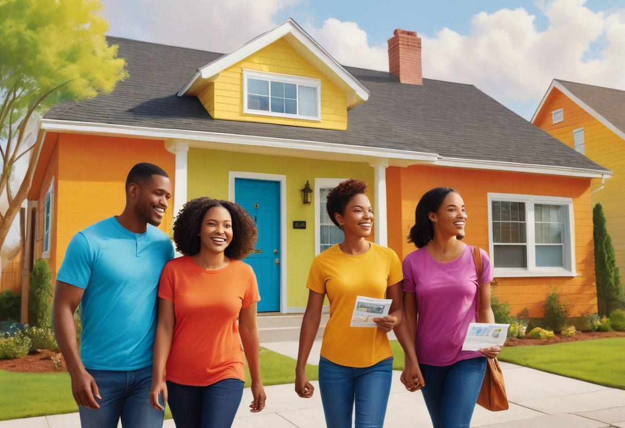 A warm and inviting scene depicting a diverse family happily entering their new home, surrounded by supportive community members and colorful illustrations of various housing assistance programs like brochures and maps. Bright, uplifting colors to emphasize hope and positivity, with a subtle background of houses representing different styles of affordable housing. super-realistic. vibrant colors. community-focused.