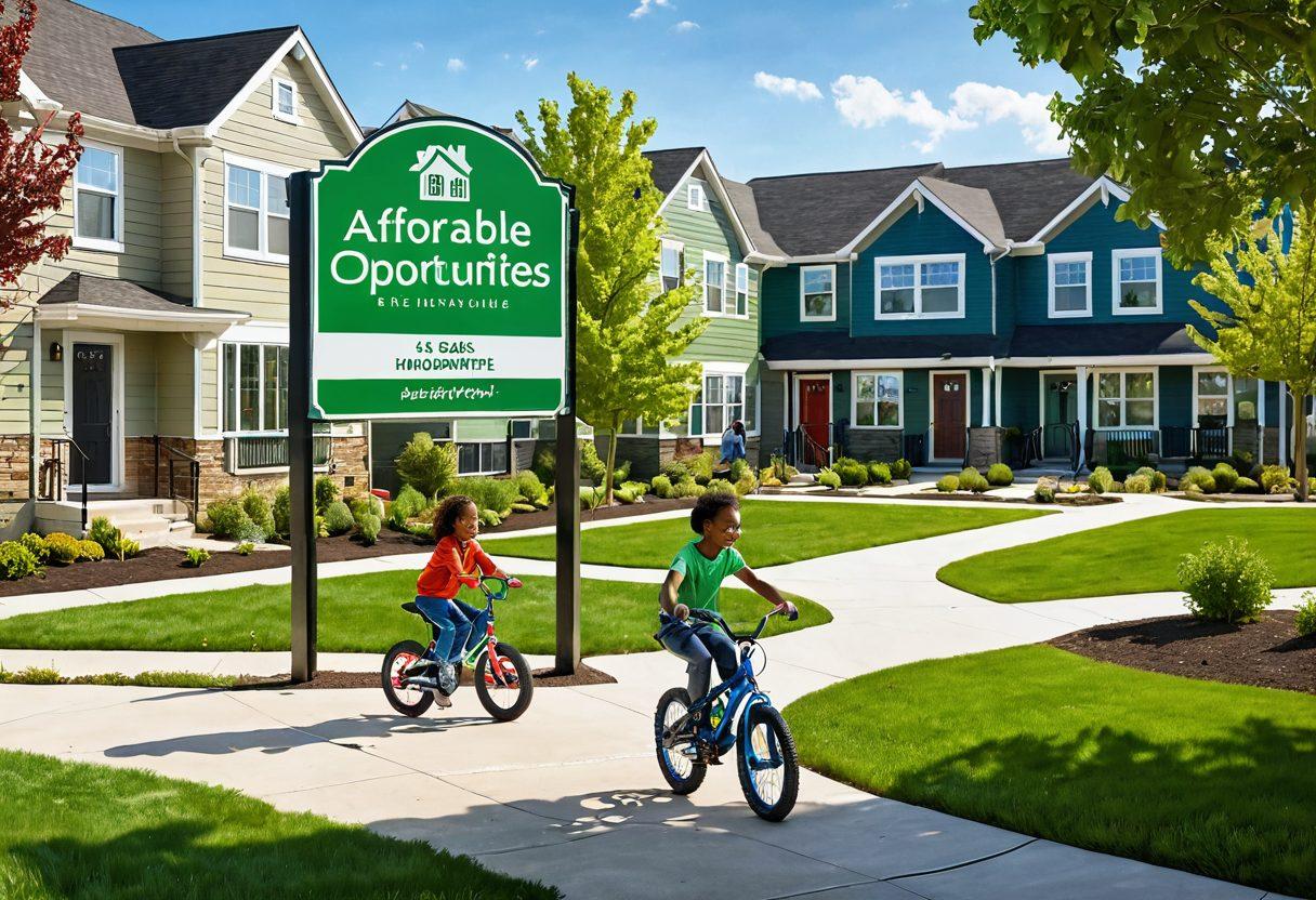 A welcoming suburban neighborhood showcasing diverse families in front of affordable homes. Highlight a 'Section 8 Housing Opportunities' sign in the foreground, with vibrant green parks and playgrounds visible in the background. Add playful children riding bikes, symbolizing community spirit and opportunity. Emphasize warmth and inclusiveness in the scene. super-realistic. vibrant colors. cheerful atmosphere.